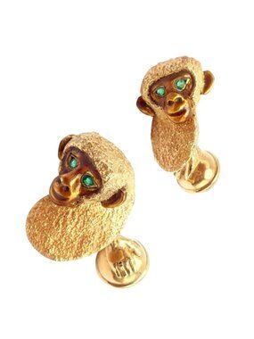 Vintage Tiffany & Co. 18k Yellow Gold Emerald Enamel Monkey Cufflinks 1991